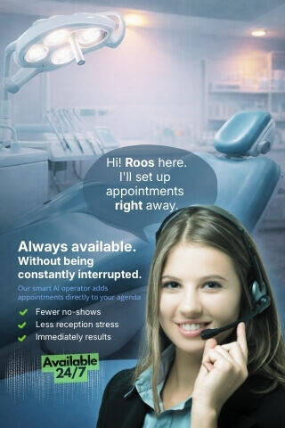 Rose – AI receptionist (24/7 available) Promo image of a treatment room with a dental chair and “Always reachable” text — Rose, DigiBuur’s AI receptionist, answers 24/7 and prepares appointments.