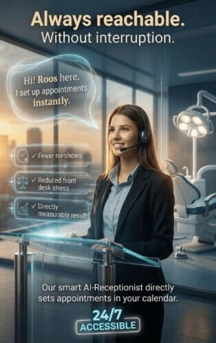 Rose – AI receptionist (24/7 available) Promo image of a treatment room with a dental chair and “Always reachable” text — Rose, DigiBuur’s AI receptionist, answers 24/7 and prepares appointments.