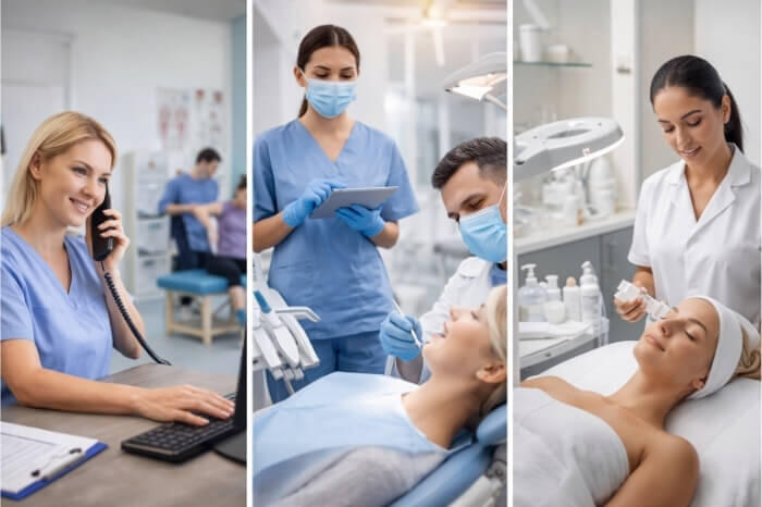 Practices saving time with AI Collage of practices: staff at a laptop, a dental setting, and a beauty/medical spa treatment — examples where DigiBuur handles calls and appointments more efficiently.