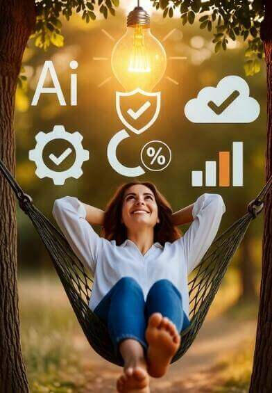 Relaxed entrepreneur in a hammock while DigiBuur’s AI automation takes care of the work for her.