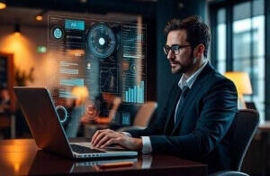 Business professional using a laptop with digital AI interfaces on the screen, symbolising the future of business with AI agents.