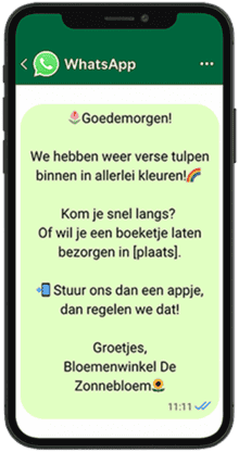 Smartphone screen showing a WhatsApp message for a flower shop, as an example of AI-generated promotional text.