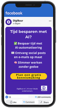 Smartphone showing a Facebook ad from DigiBuur inviting business owners to save time with AI automation.
