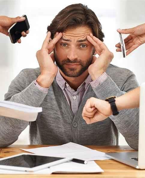 Stressfull entrepreneur thinking about successful collaboration with DigiBuur, working smarter not harder thanks to AI automation.